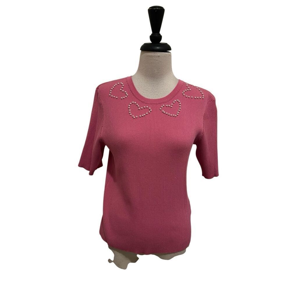 Nanette Lepore Womens Faux Pearl Embellished Ribbed Pullover Sweater Pink Medium
